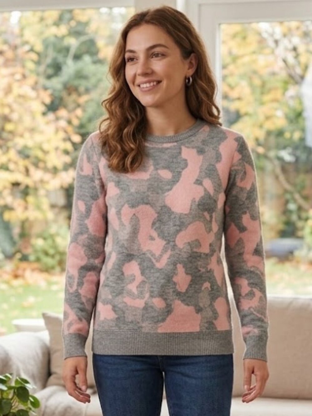 KOTON Pink & Grey Abstract Camo Knit Jumper / Sweater (Size S)